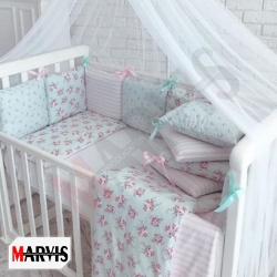 Lenjerie pentru Pătuț Bebe / Copii, Set 8 Piese Basic Roses Turcoaz